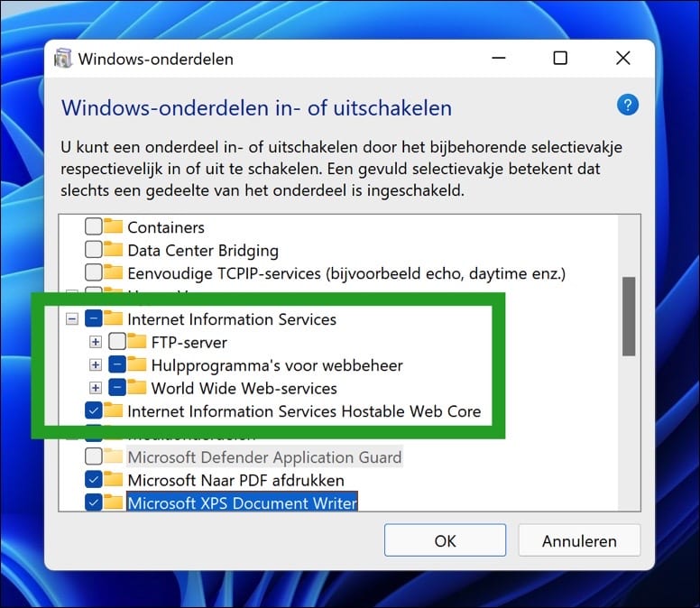 Microsoft IIS webserver onderdelen installeren
