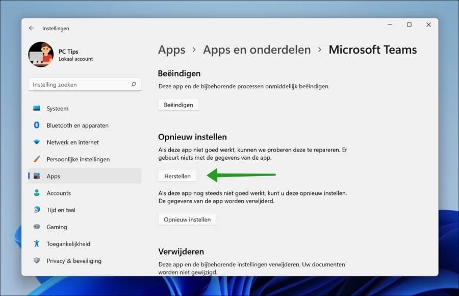 Microsoft Teams app herstellen