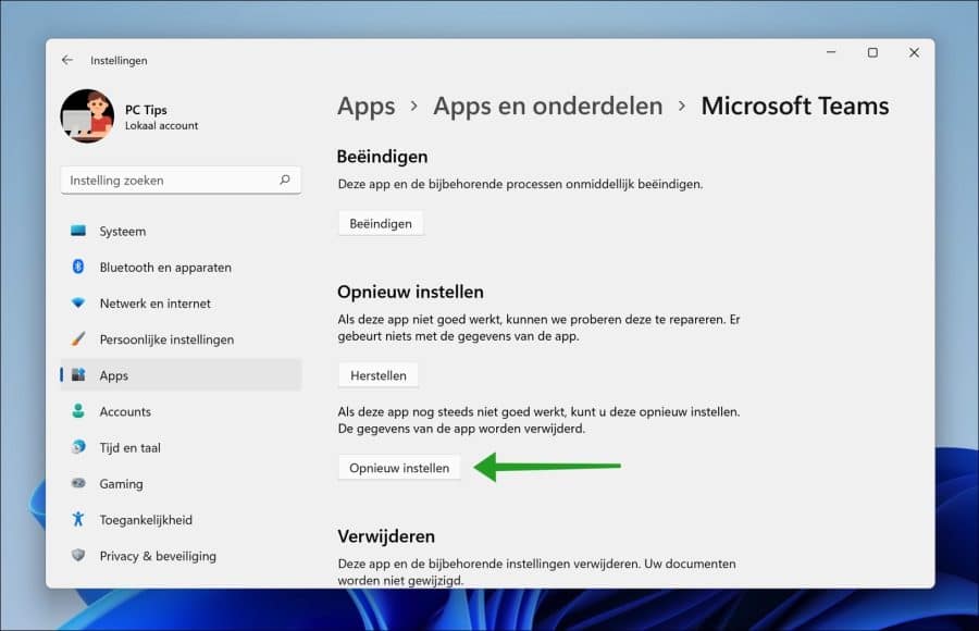 Microsoft Teams opnieuw instellen
