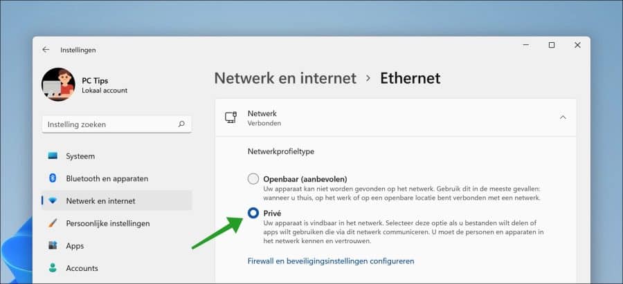 Netwerkprofieltype instellen op Prive