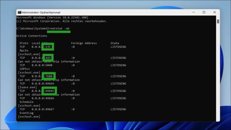 Open poortnummer bij proces opzoeken via netstat