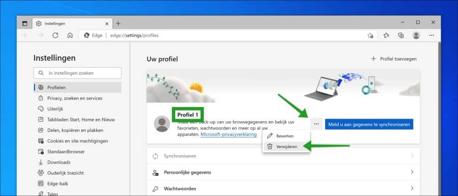 Oude profiel verwijderen in Microsoft Edge