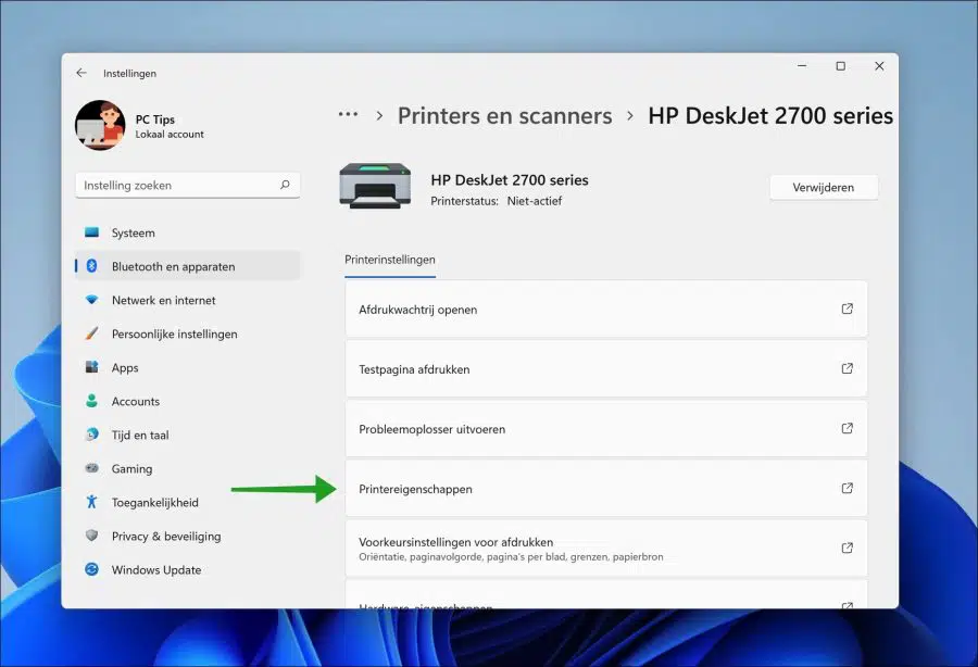 Printer eigenschappen openen in Windows 11