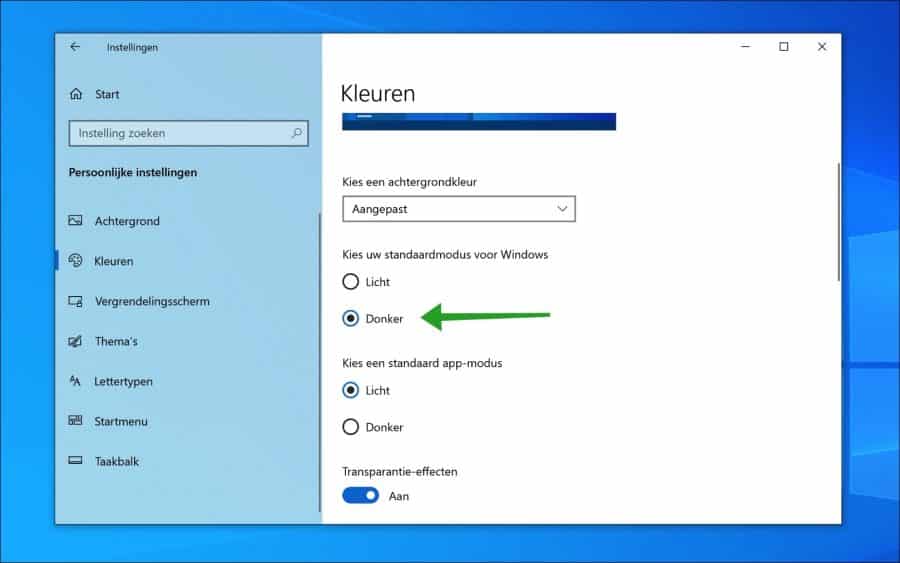 Standaard modus voor Windows wijzigen naar Donker