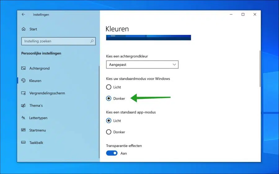 Standaard modus voor Windows wijzigen naar Donker