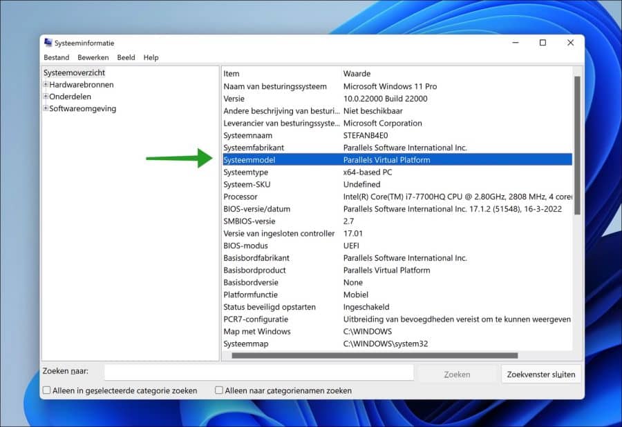 Systeem model in de Systeeminformatie om het laptop model te zoeken