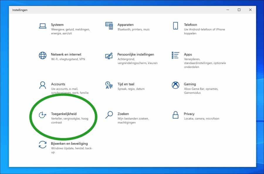 Toegankelijkheid instellingen openen in Windows 10