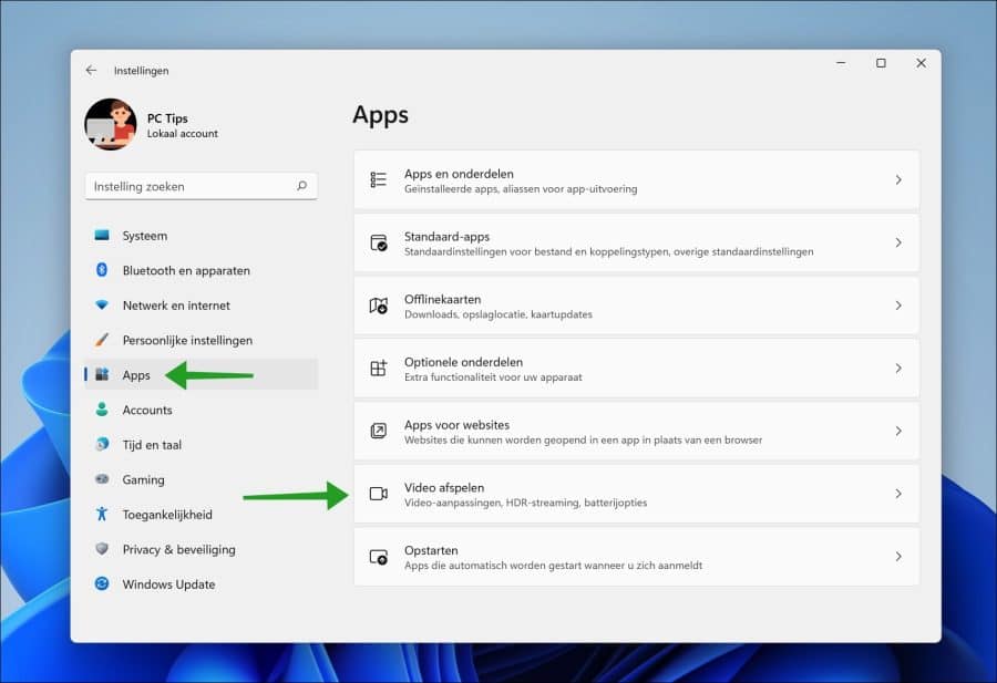 Video afspelen instellingen in Windows 11