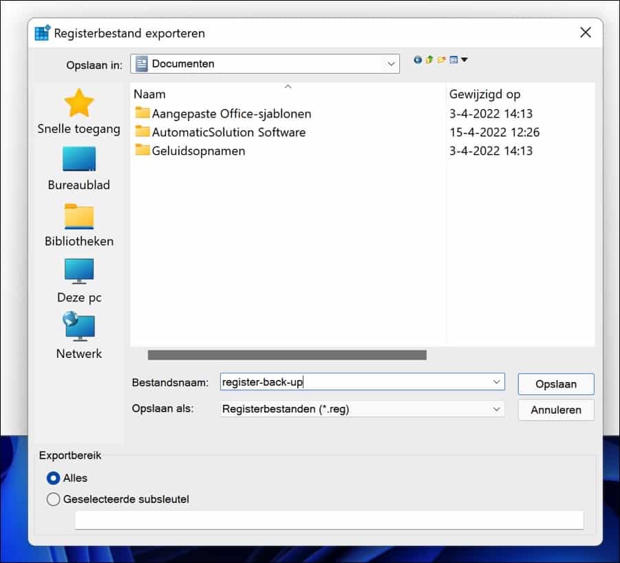 Volledige register back-up maken in Windows 11