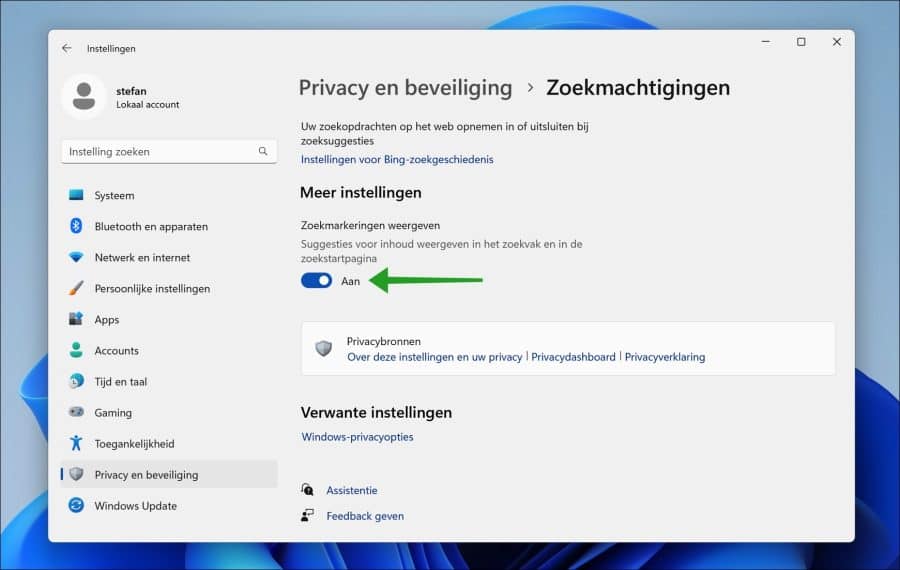 Zoekmarkeringen weergeven inschakelen of uitschakelen in Windows 11