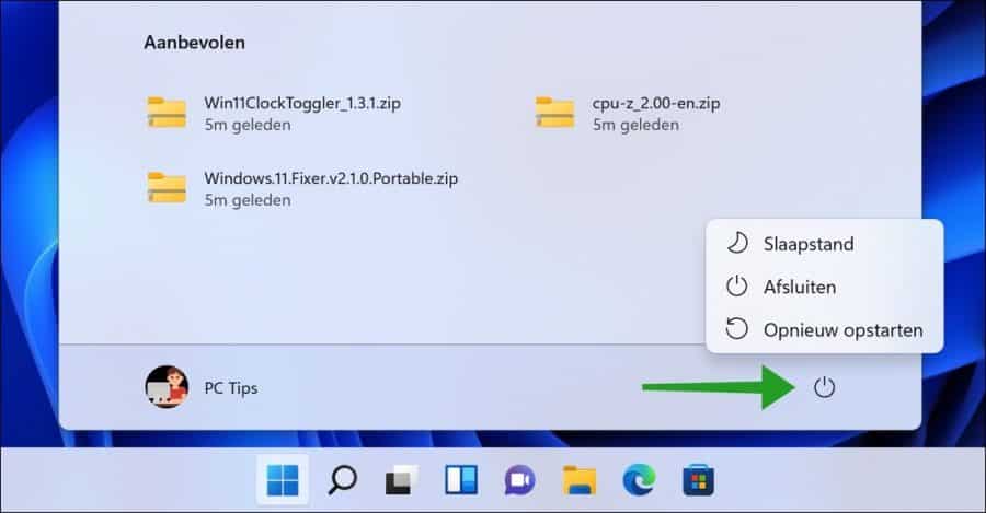 Power button in the Start menu