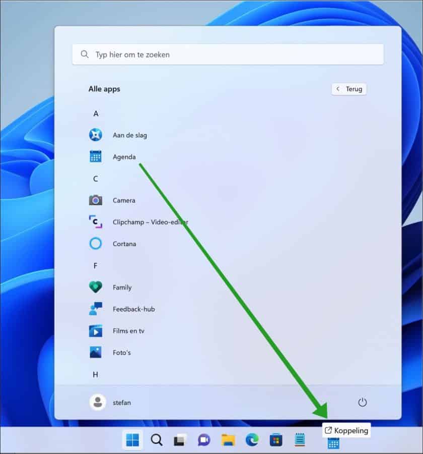 App snelkoppeling vanuit het Start menu slepen naar de taakbalk