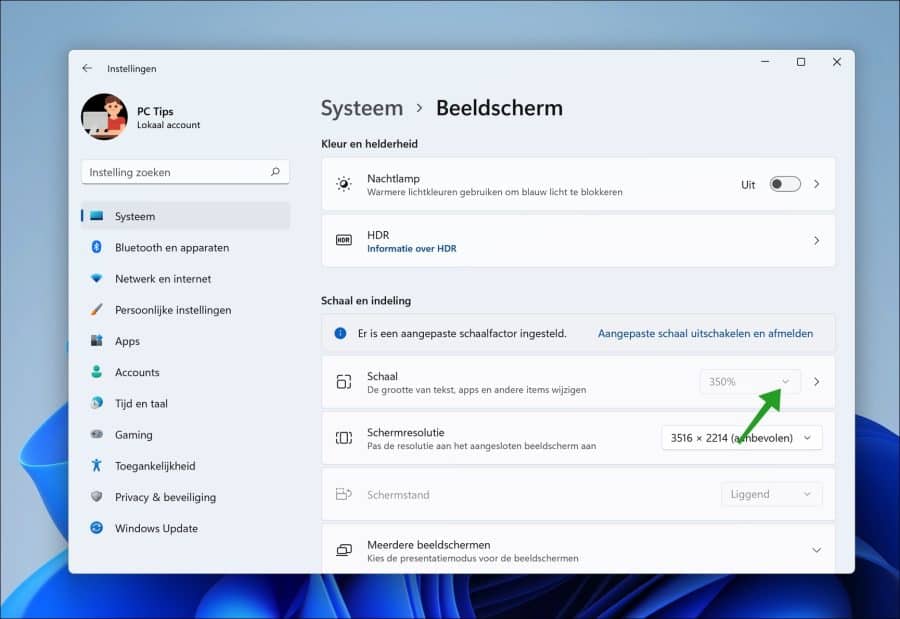 Beeldscherm schaal aanpassen in Windows 11