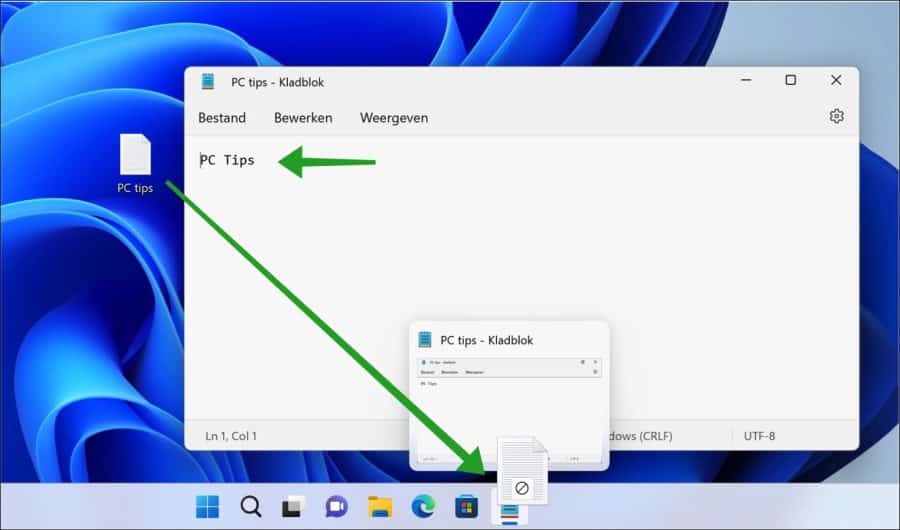 Drag file to an open app in the taskbar