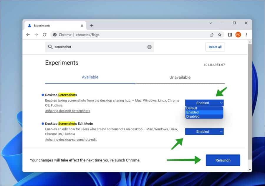 Desktop screenshots aanzetten in Google Chrome