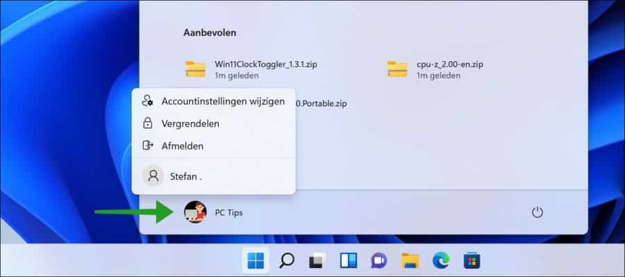 Gebruikersinstellingen in het Windows 11 Start menu