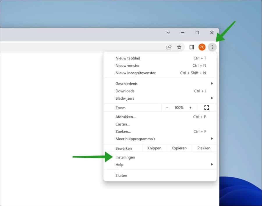 Google Chrome instellingen openen