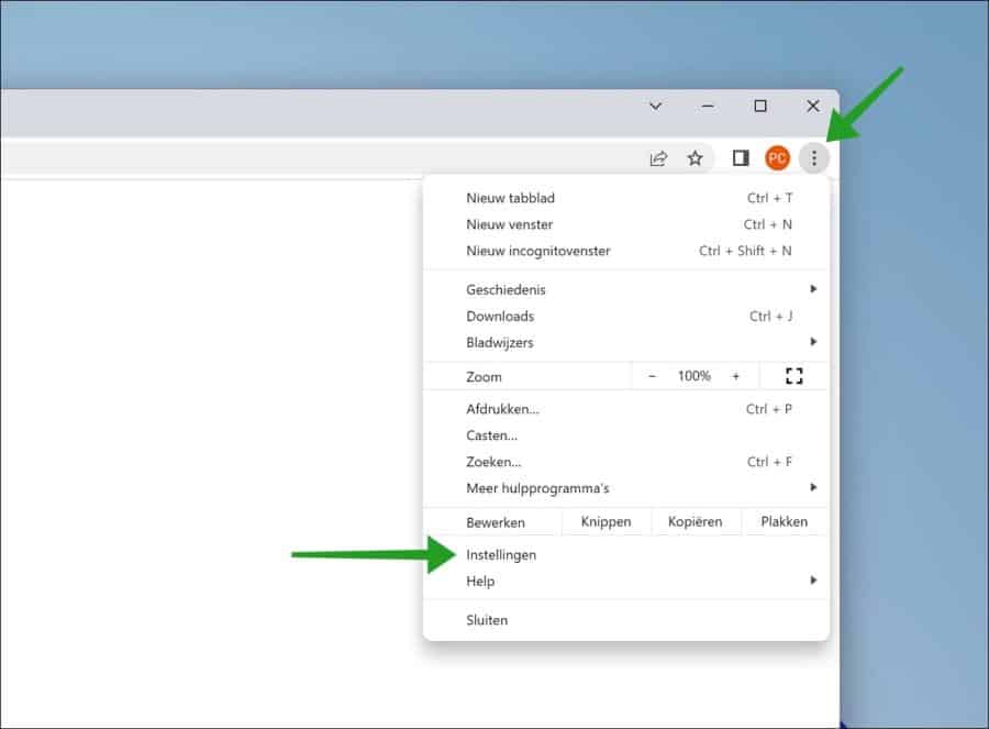 Google Chrome instellingen openen