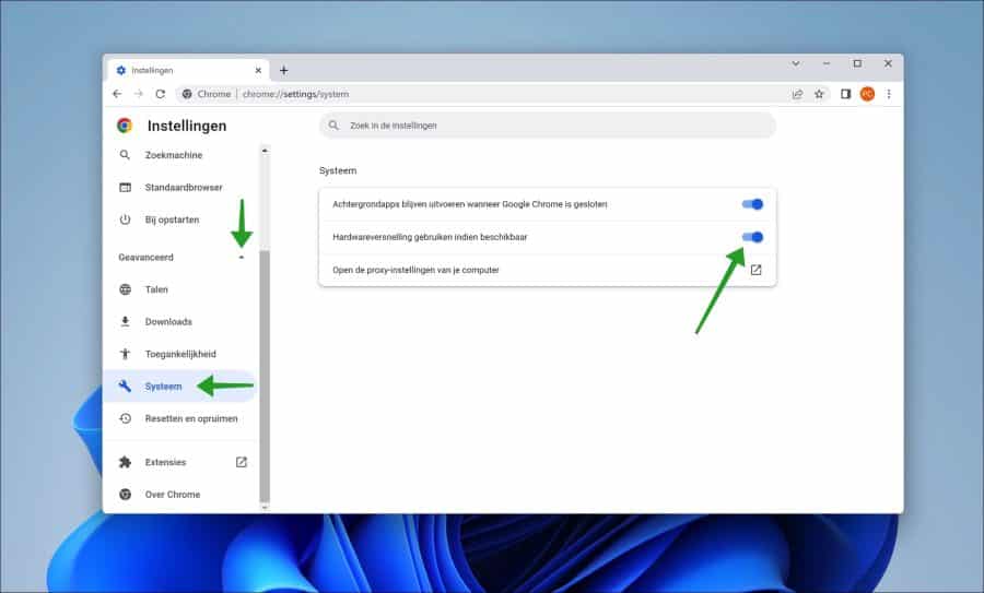 Hardwareversnelling in de Google Chrome browser uitschakelen