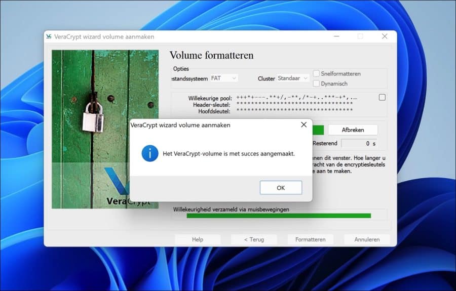 Het veracrypt volume is met succes aangemaakt