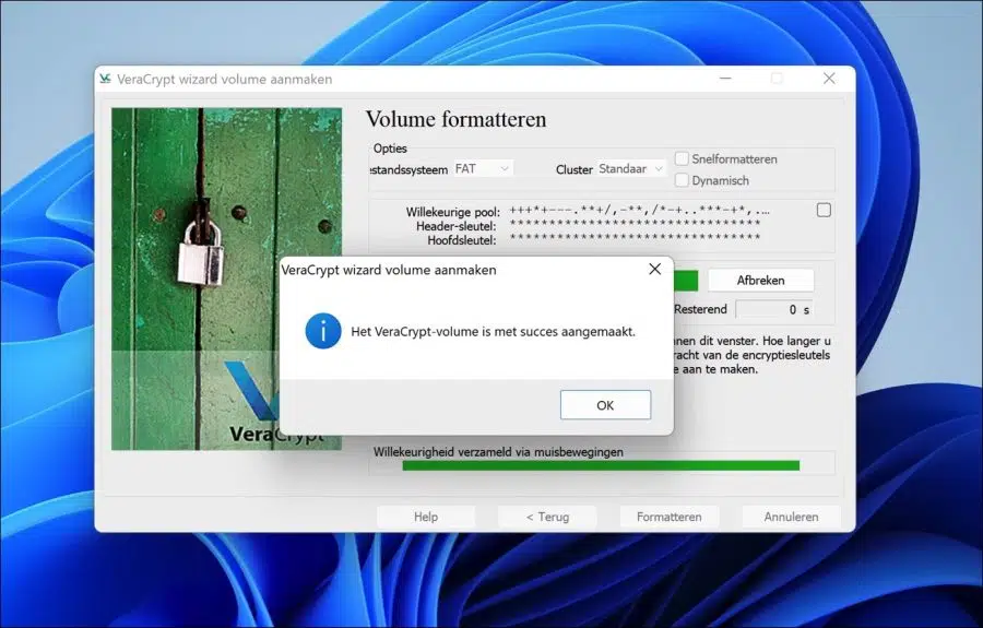 Het veracrypt volume is met succes aangemaakt
