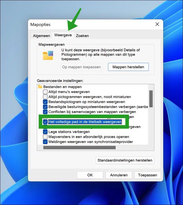 Het volledige pad in de titelbalk weergeven in Windows 11