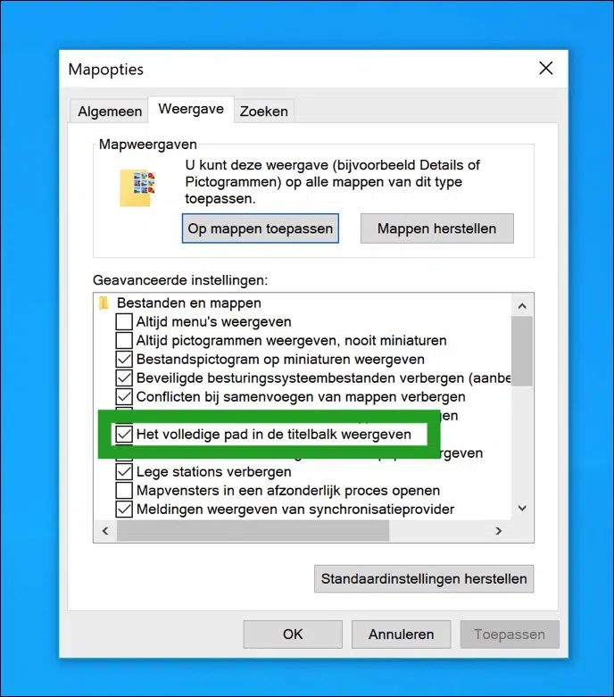 Het volledige pad in de titelbalk weergeven in Windows verkenner voor Windows 10