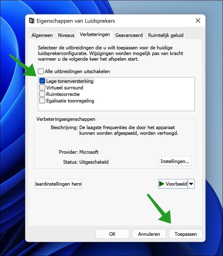 Lage-tonenversterking inschakelen in Windows 11