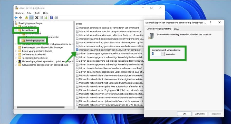 Limiet voor inactiviteit van computer wijzigen