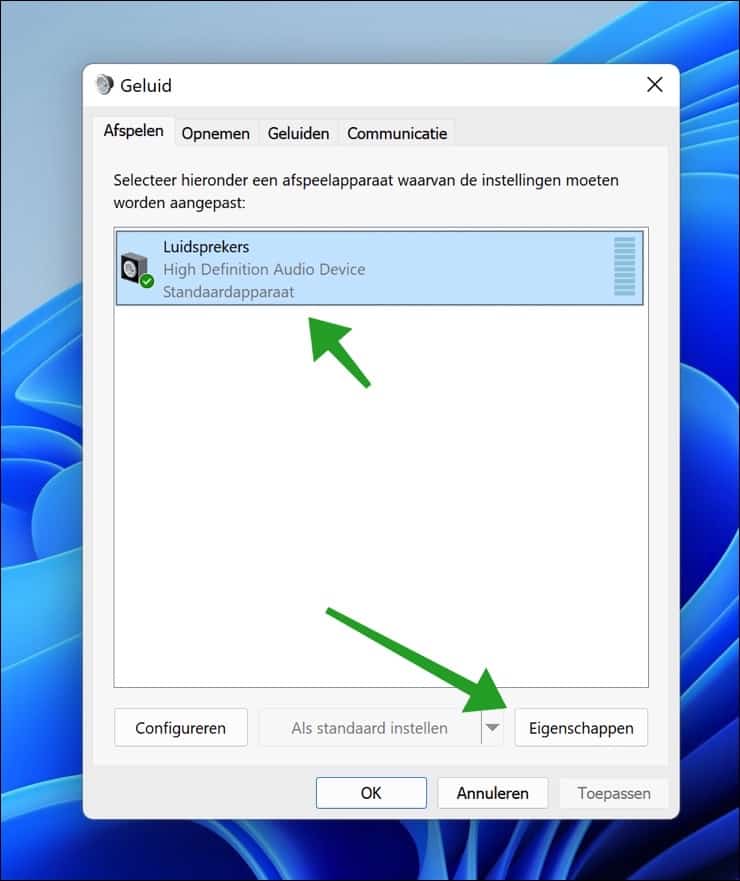Luidspreker eigenschappen openen