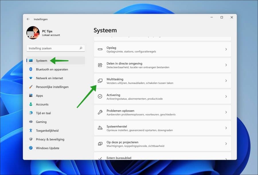 Multitasking instellingen in Windows 11