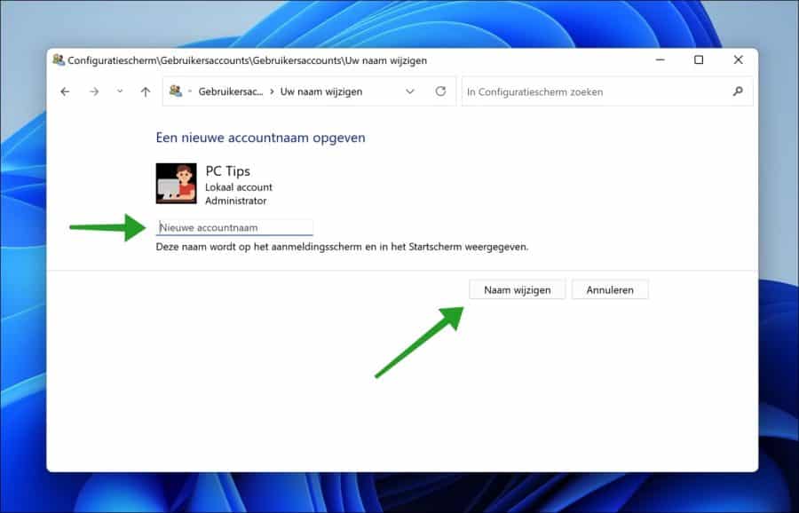 Naam wijzigen van het lokaal gebruikersaccount in Windows 11