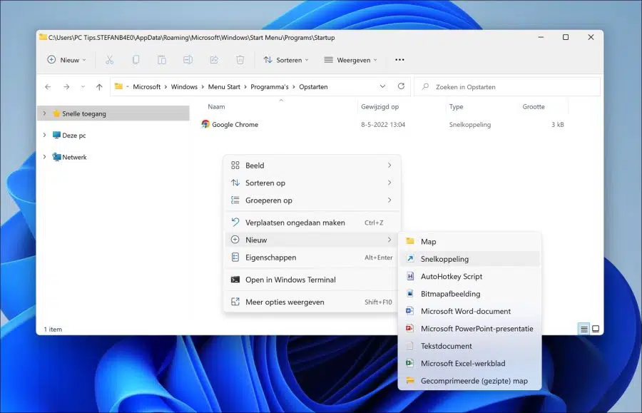 Nieuwe snelkoppeling aanmaken om met windows mee op te starten