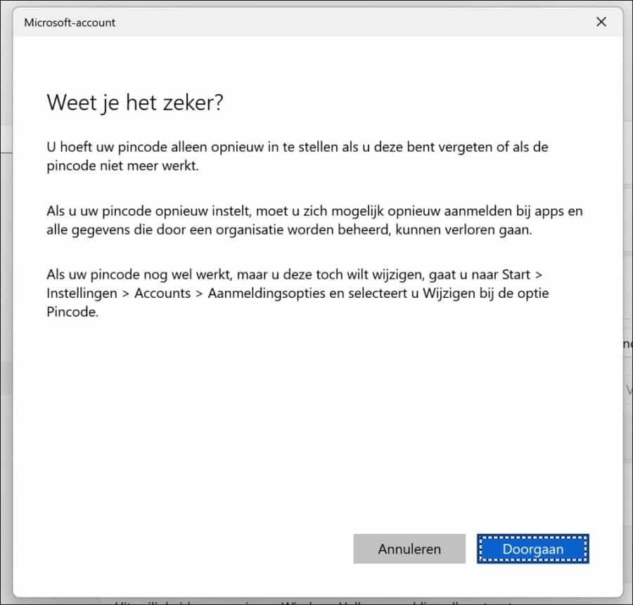 Pincode opnieuw instellen in Windows 11