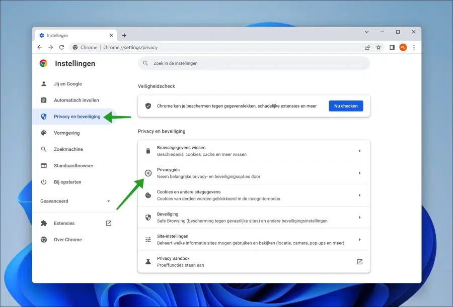 Privacygids in Google Chrome openen