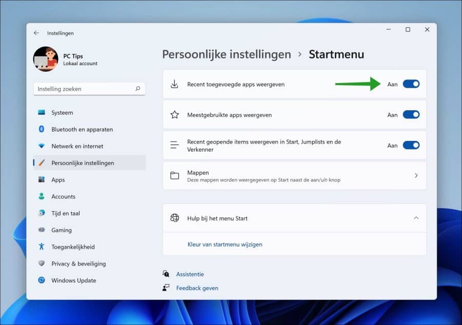 Recente toegevoegde apps weergeven in het Startmenu