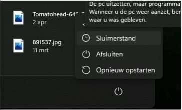 Sluimerstand in start menu