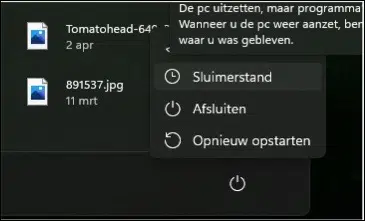 Sluimerstand in start menu