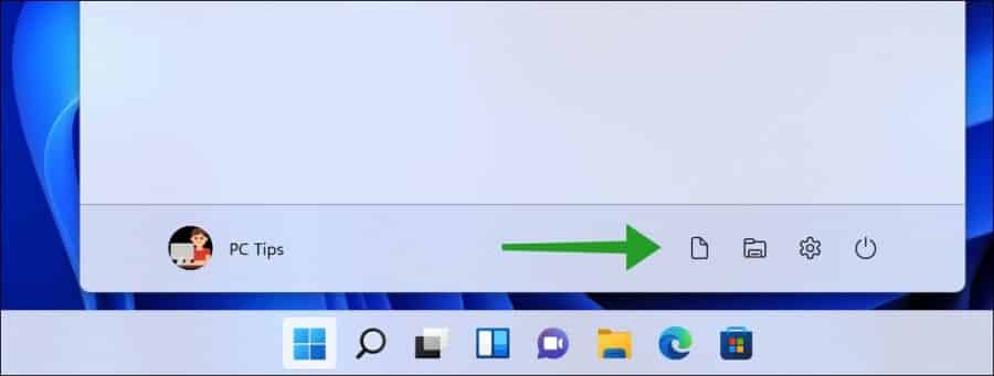 Shortcuts next to the power button in the Windows 11 Start menu