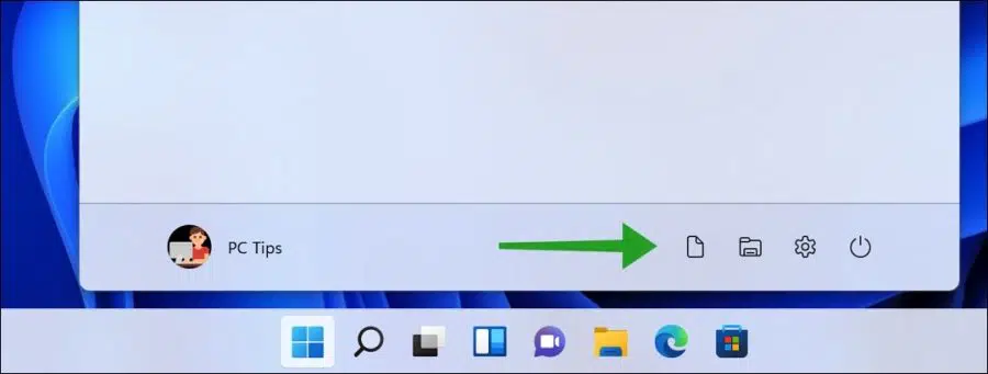 Snelkoppelingen naast de aan uit knop in het Windows 11 Start menu