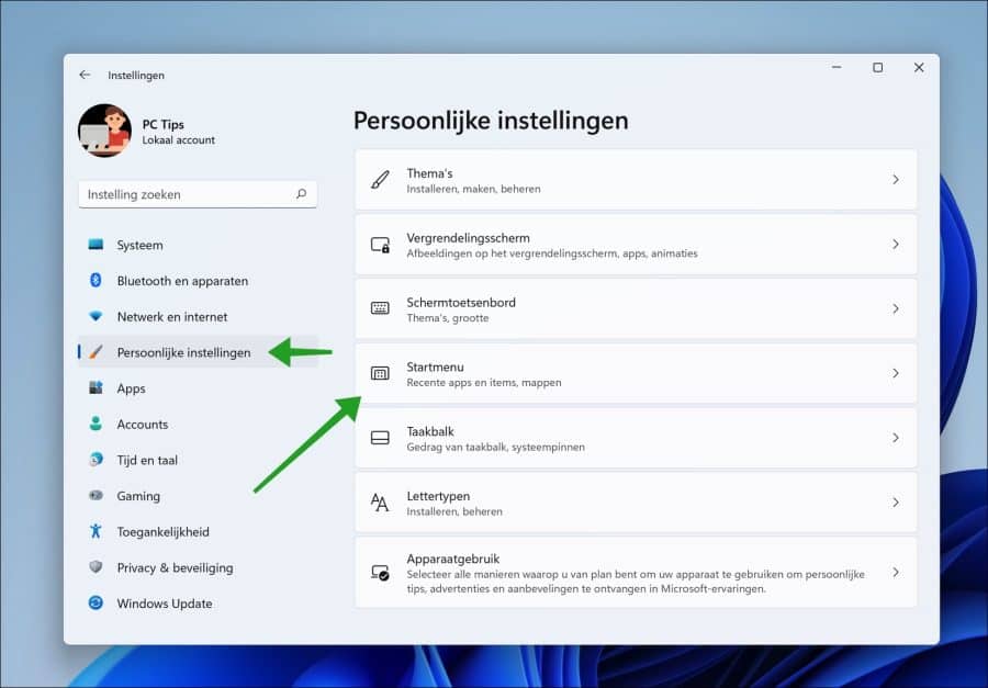 Startmenu instellingen in Windows 11 openen