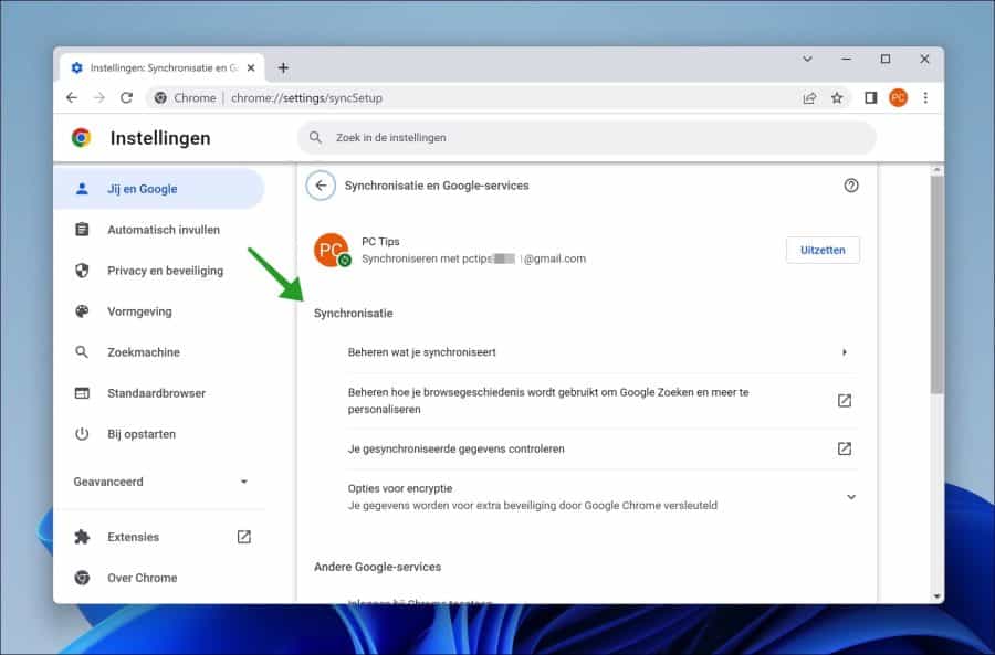 Synchronization settings in Google Chrome