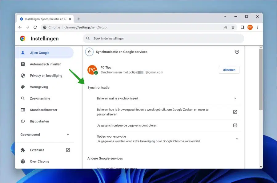 Synchronisatie instellingen in Google chrome