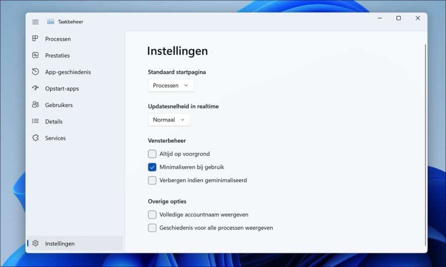 Taakbeheer instellingen