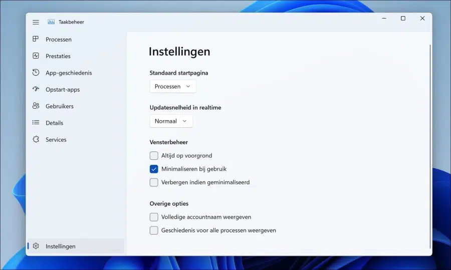 Taakbeheer instellingen
