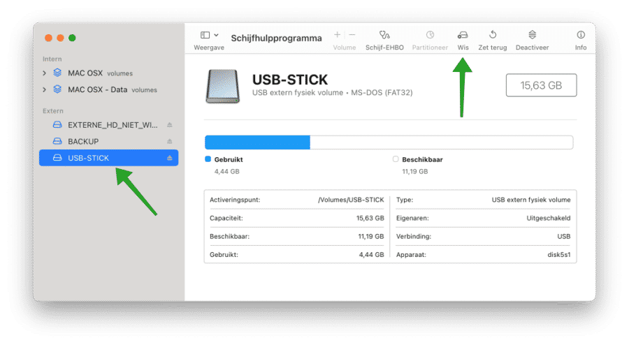 USB apparaat selecteren in het schijfhulpprogramma