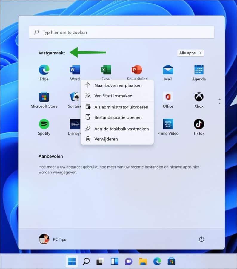 Vastgemaakte apps en instellingen beheren in het Start menu