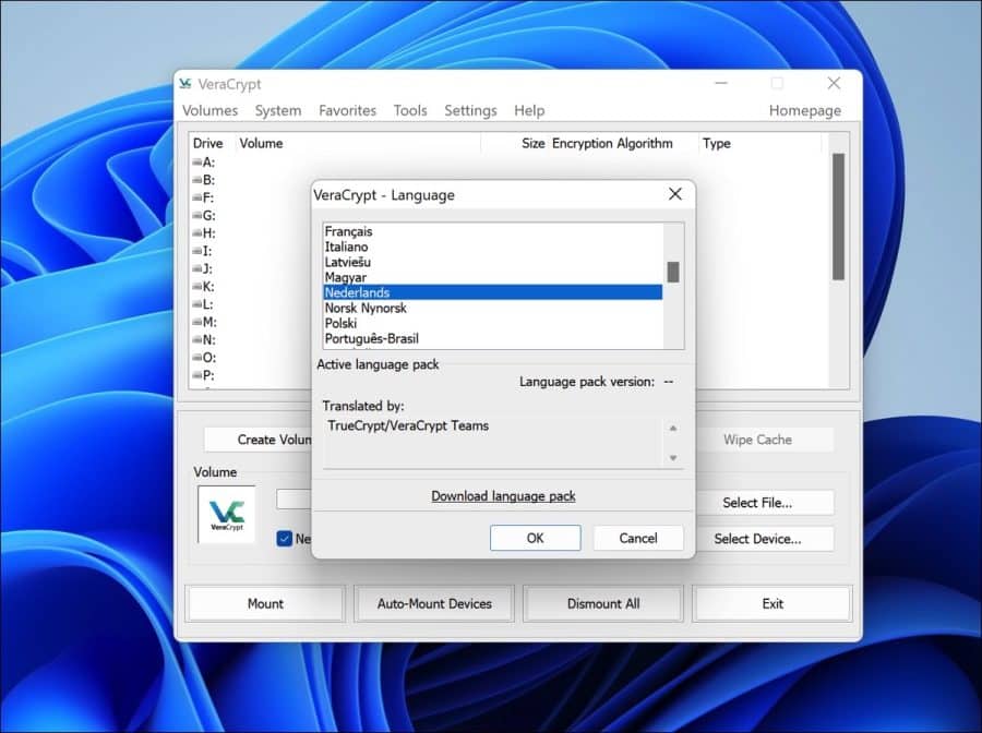 VeraCrypt taal wijzigen
