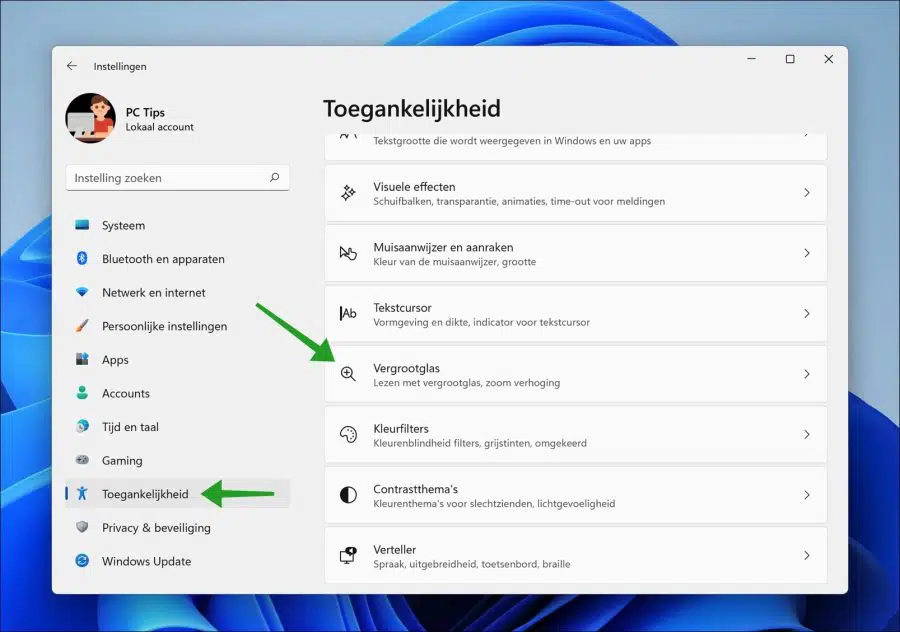 Vergrootglas instellingen openen in Windows 11