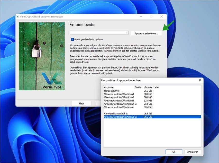 Volume selecteren om te versleutelen